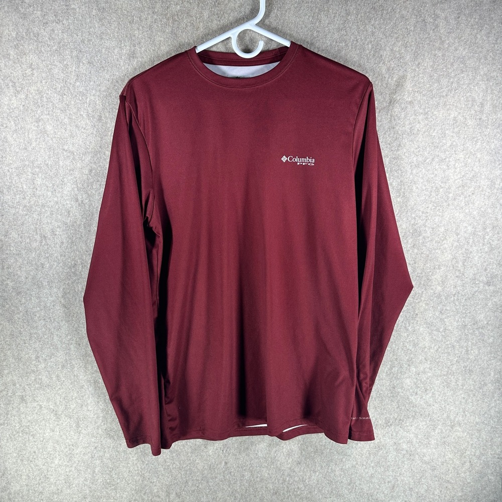 Columbia PFG Terminal Tackle Fish Flag Long Sleeve Shirt Mens Size Small Maroon